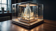 Miniature city decorated for Christmas in a glass box