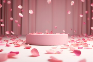 Wall Mural - Pink product podium placement on solid background with rose petals falling. Luxury premium beauty, fashion, cosmetic and spa gift stand presentation. Valentine day present showcase. generative ai.