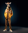 © Sandra Chia - Creative animal concept. Giraffe full body in hip hop stylish fashion isolated on dark background, commercial, editorial advertisement, surreal, copy text space
