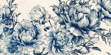AI Generated. AI Generative. Retro Vintage Paint Drawing Ink Sketch Peonies Flowers In Blue Old Style. Can Be Used For Decoration Of Wedding Card Or Romantic Fashion Postcard.  Graphic Art