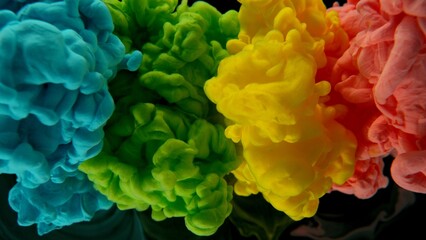 Poster - Colourful Rainbow Paint Drops Mixing in Water.