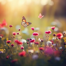 Beautiful Field Of Colorful Wild Flowers And Butterflies In The Rays Of Sunlight In Summer In The Spring. A Picturesque Colorful Artistic Image With A Soft Focus, Bokeh, Abstract Minimalistic Print, I