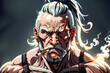 A muscular old man with ponytails and a cigarette in his mouth looks at me with fierce eyes. generative AI
