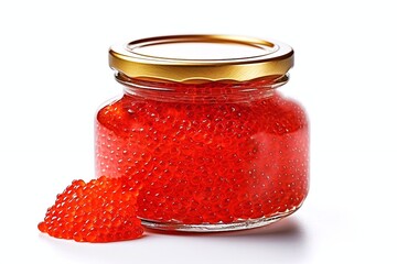 Red fresh caviar closed in a glass jar on a white background close-up