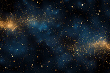 Abstract Blue And Gold Background With Particles. Golden Light Sparkle And Star Shape On Dark Endless Space Wallpaper. Christmas Theme. Shiny Texture, Galaxy Concept - Generative Ai