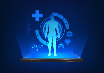 Poster - Healthcare technology The smartphone screen has a hologram of a person along with their organs. telemedicine via mobile phone This allows doctors to know the symptoms and patients receive treatment.