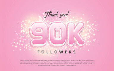 Wall Mural - Thank you 90k followers social media template design vector on pretty pink color background with shiny glitter