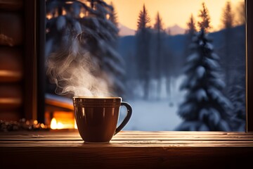 Wall Mural - Cup of coffee on a table in the winter background.