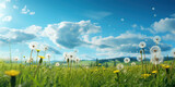 Fototapeta  - Dandelions sprinkled across a green meadow under a blue afternoon sky