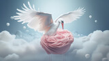 Fototapeta  - White stork, symbol of birth of a child. 3d render illustration style. Creative concept of motherhood and childhood, pastel colors.