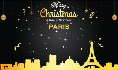 Christmas and New year black greeting card with golden panorama of the city of Paris