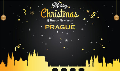 Wall Mural - Christmas and New year black greeting card with golden panorama of the city of Prague