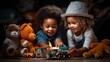 © panadda - The young black child joyfully plays with toys in the room, reveling in the fun of childhood.