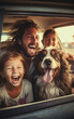Family father with two daughters and a pet dog travel by car and have fun on the way to vacation