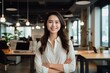 © AI Farm - Beautiful Asian business woman smile in modern office. Smart and confident . Generative AI