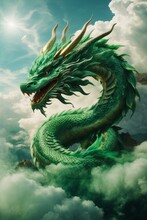 The Head Of A Beautiful Green Dragon With An Open Mouth On Top Of A Mountain In Clouds And Fog.