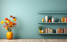 Floating Shelf And Colorful Flower Vase With Empty Blank Wall With Copy Space