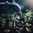Droplets of water falling on plants from a faucet, care for drinking water on planet earth