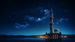 Ornamental Arabic mosque with burning light at night. Festive, invitation for Muslim holy month Ramadan.