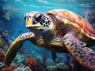 Wall Mural - Illustration of a turtle swimming in the coral reef. Sunlight from above warm colors. Surrounded by other sea life.
