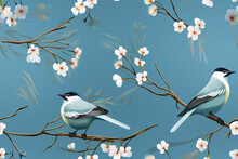 Seamless Pattern With Birds On Blossom Branches Trees With Flowers On Blue Background