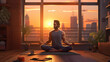 © Zubenko Oleksii - Illustration of a man practicing meditation, yoga, relaxation in her calm and cozy home, with tranquility, peaceful mind, well-being and serenity - Generated by Generative AI