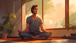 © Zubenko Oleksii - Illustration of a man practicing meditation, yoga, relaxation in her calm and cozy home, with tranquility, peaceful mind, well-being and serenity - Generated by Generative AI
