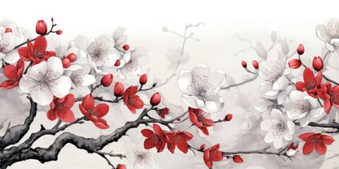 A painting of red and white flowers on a branch.