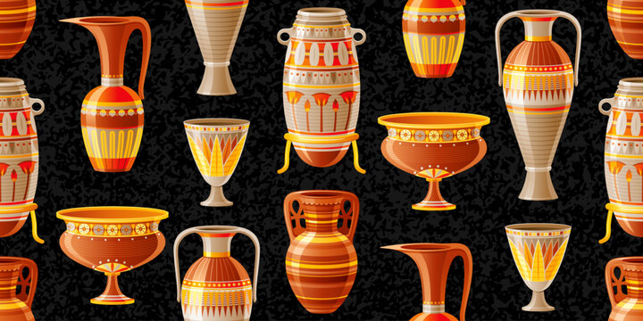 Cool ancient vase pattern. Seamless modern black decor. Interior ceramics. Egyptian style pottery. Vase pattern. Seamless vector pottery background. Old clay Pot, Oil Jug, Urn, Amphora wallpaper
