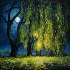 Poster - Autumn landscape with willow trees in the forest and full moon. Digital oil painting, impressionism, impasto, printable square wall art