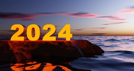 Wall Mural - Happy new year 2024 number on wave beach with sunset sky abstract background. 3d render.	