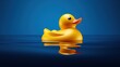  a yellow rubber duck floating on top of a body of water with a blue sky in the back ground and a blue sky in the back ground behind the duck.
