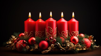 Sticker -  a group of red candles sitting on top of a wooden table next to christmas decorations and baubles on top of a wooden table in front of a black background.