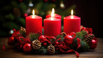 Sticker -  a group of three red candles sitting on top of a wooden table next to a christmas wreath with pine cones and red balls on top of red ribbon and pine cones.