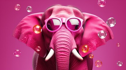 Poster -  a close up of an elephant wearing pink sunglasses and a pink background with bubbles in the shape of an elephant and a pink background with bubbles in the shape of an elephant.