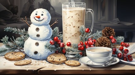 Sticker -  a painting of a snowman next to a cup of coffee, cookies, and a glass of milkshake on a table with holly branches and pine cones.