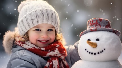 Poster -  a little girl standing next to a snowman wearing a red and white scarf and a white knitted hat and a red and white knitted scarf with a snowman.