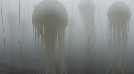 Poster -  a group of jellyfish floating on top of a body of water in the middle of a foggy sea filled with lots of small white jellyfish floating on top of water.