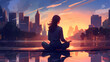 Illustration of a woman practicing meditation, yoga, relaxation in the city downtown, with tranquility, peaceful mind, well-being and serenity - Generated by Generative AI