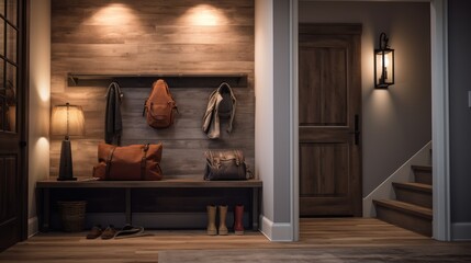 Sticker -  a wooden entryway with a bench, coat rack, and a pair of shoes hanging on the wall next to a lamp and a pair of shoes on the floor.