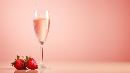  a glass of champagne and two strawberries on a pink background with a pink wall in the background and a pink wall in the foreground with a pink background.