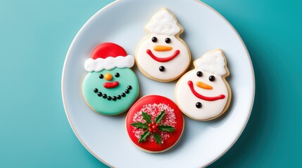 Poster -  a plate of decorated christmas cookies with frosting and a snowman on one of the cookies is decorated like a snowman, a snowman, a snowman, and a snowman, and a tomato on the other.