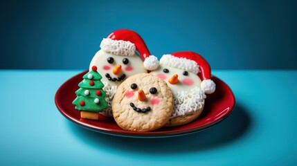 Canvas Print -  a red plate topped with cookies covered in frosting next to a snowman and a snowman on top of a green and red plate with a blue background.