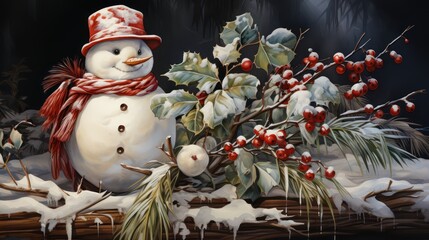 Poster -  a painting of a snowman in a red hat and scarf next to a branch of holly with berries and berries on it, with snow on a black background.