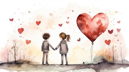 Sticker -  a watercolor painting of two people holding hands with a heart shaped balloon in the sky above them, with trees and hearts in the background, on a watercolor background.