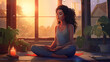 © Zubenko Oleksii - Illustration of a woman practicing meditation, yoga, relaxation in her calm and cozy home, with tranquility, peaceful mind, well-being and serenity - Generated by Generative AI