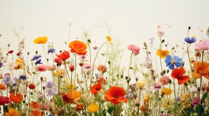 Canvas Print -  a field full of colorful flowers with a sky in the background and a white sky in the background with a few clouds in the sky and a few flowers in the foreground.