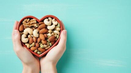 Poster -  a heart shaped bowl filled with nuts and cashews on a blue background with a woman's hands holding a heart shaped bowl filled with nuts and cashews.