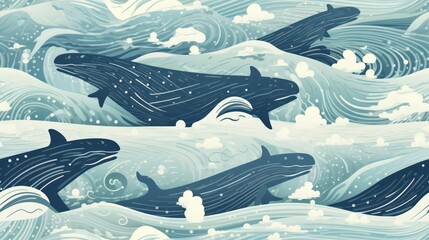 Sticker -  a painting of a group of dolphins swimming in a body of water with white foam on the bottom of the water and white foam on the bottom of the water.