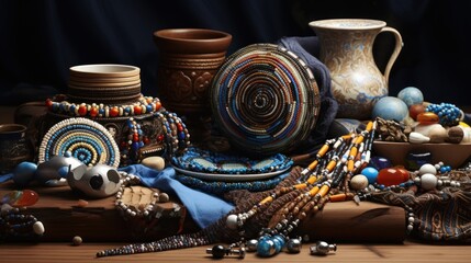 Wall Mural -  a wooden table topped with lots of different types of bead necklaces and a vase on top of a wooden table with a blue cloth draped cloth behind it.